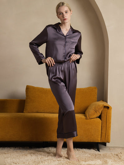 Set Pigiama Classico Lungo Da Donna in 100% Seta di Gelso