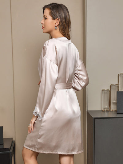Set camicia da notte e vestaglia con bordo in pizzo di pura seta 2 pezzi