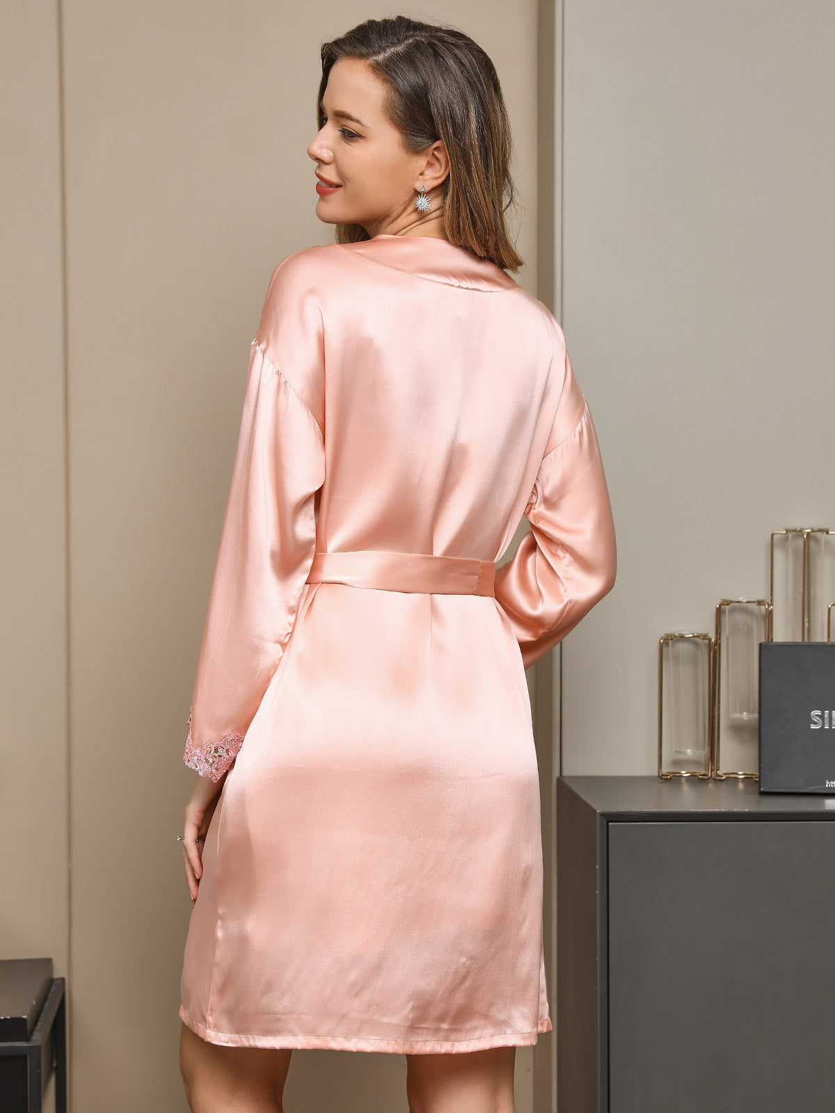 Set camicia da notte e vestaglia con bordo in pizzo di pura seta 2 pezzi