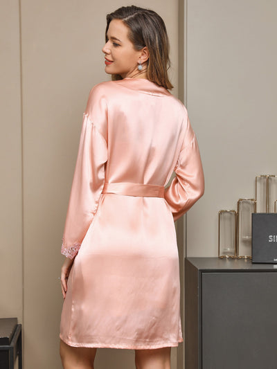 Set camicia da notte e vestaglia con bordo in pizzo di pura seta 2 pezzi