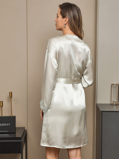 Set camicia da notte e vestaglia con bordo in pizzo di pura seta 2 pezzi