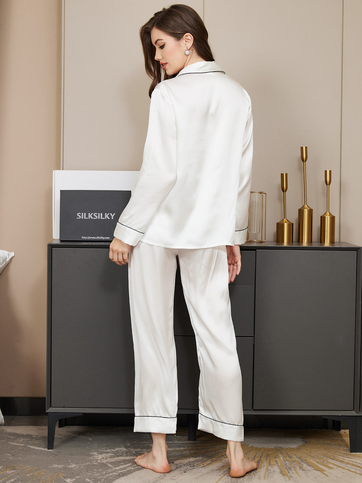 Set Pigiama Classico Lungo Da Donna in 100% Seta di Gelso