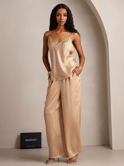 Set da pigiama in pura seta con top cami e pantaloni a gamba ampia