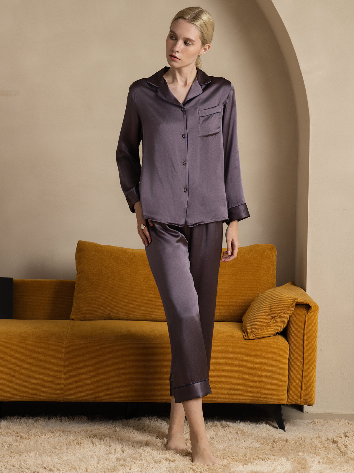 Set Pigiama Classico Lungo Da Donna in 100% Seta di Gelso