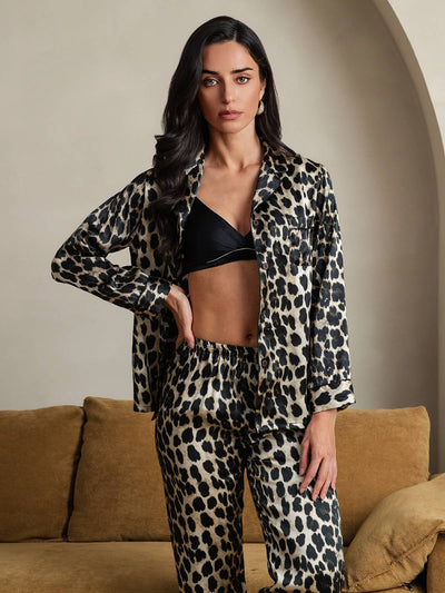 Pura Seta Leopardo Stampa Lunghe Maniche Pantaloni Pigiama