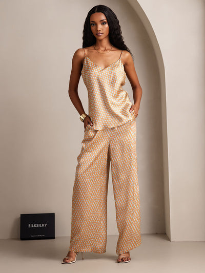 Set da pigiama in pura seta con top cami e pantaloni a gamba ampia
