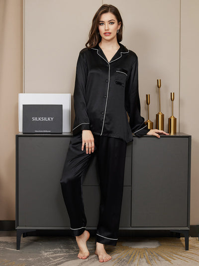 Set Pigiama Classico Lungo Da Donna in 100% Seta di Gelso