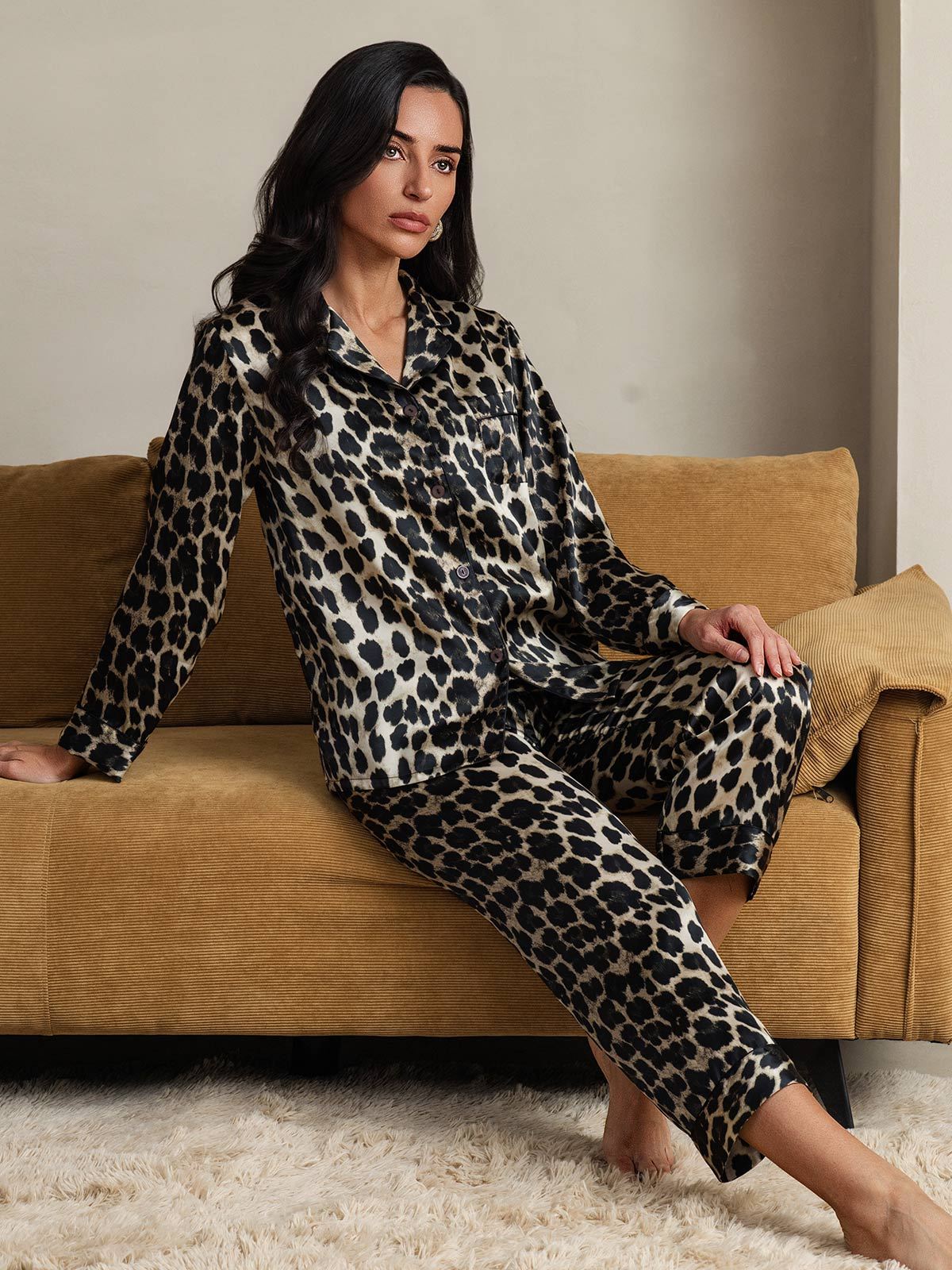 Pura Seta Leopardo Stampa Lunghe Maniche Pantaloni Pigiama