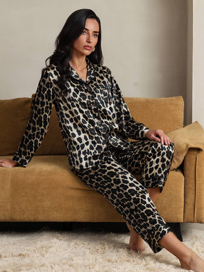 Pura Seta Leopardo Stampa Lunghe Maniche Pantaloni Pigiama