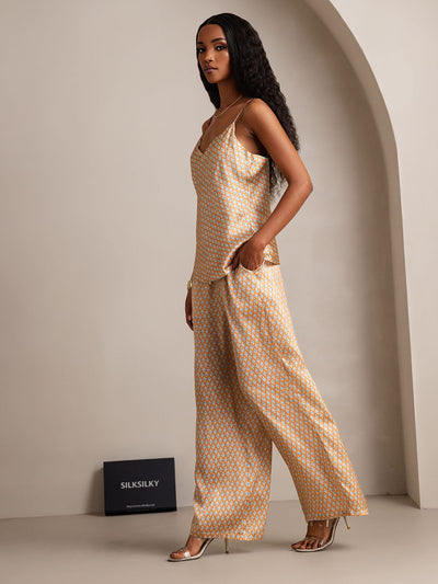 Set da pigiama in pura seta con top cami e pantaloni a gamba ampia