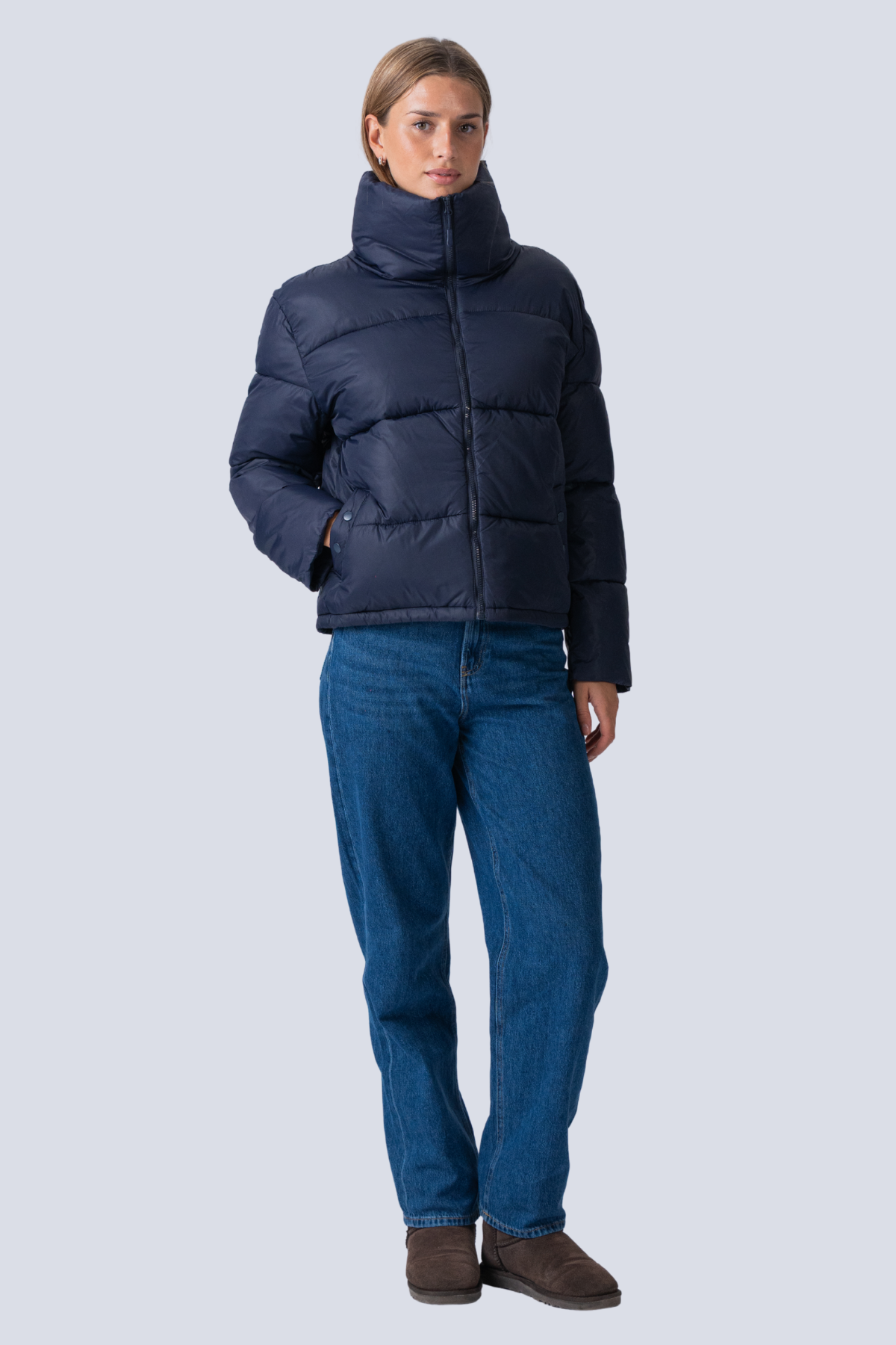 Modern Cropped Puffer Jacket – Navy Blue