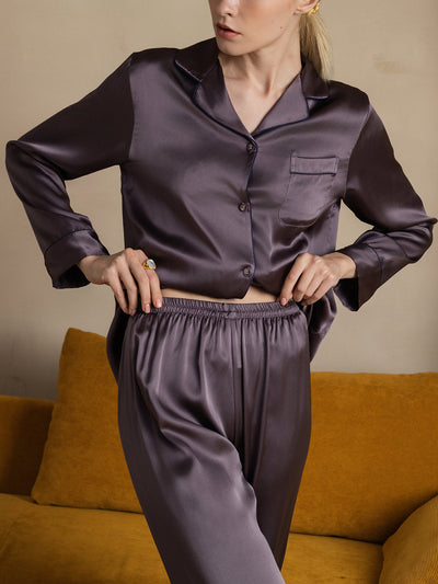 Set Pigiama Classico Lungo Da Donna in 100% Seta di Gelso