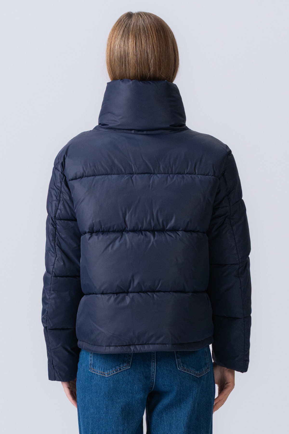 Modern Cropped Puffer Jacket – Navy Blue