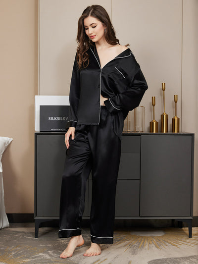 Set Pigiama Classico Lungo Da Donna in 100% Seta di Gelso