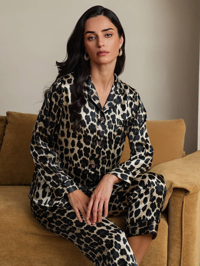 Pura Seta Leopardo Stampa Lunghe Maniche Pantaloni Pigiama