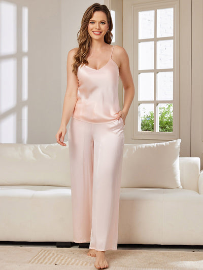 Set da pigiama in pura seta con top cami e pantaloni a gamba ampia