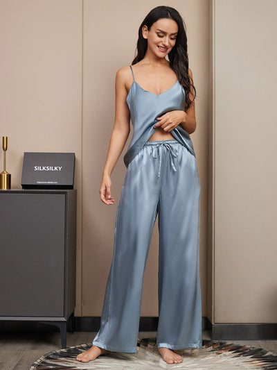 Set da pigiama in pura seta con top cami e pantaloni a gamba ampia