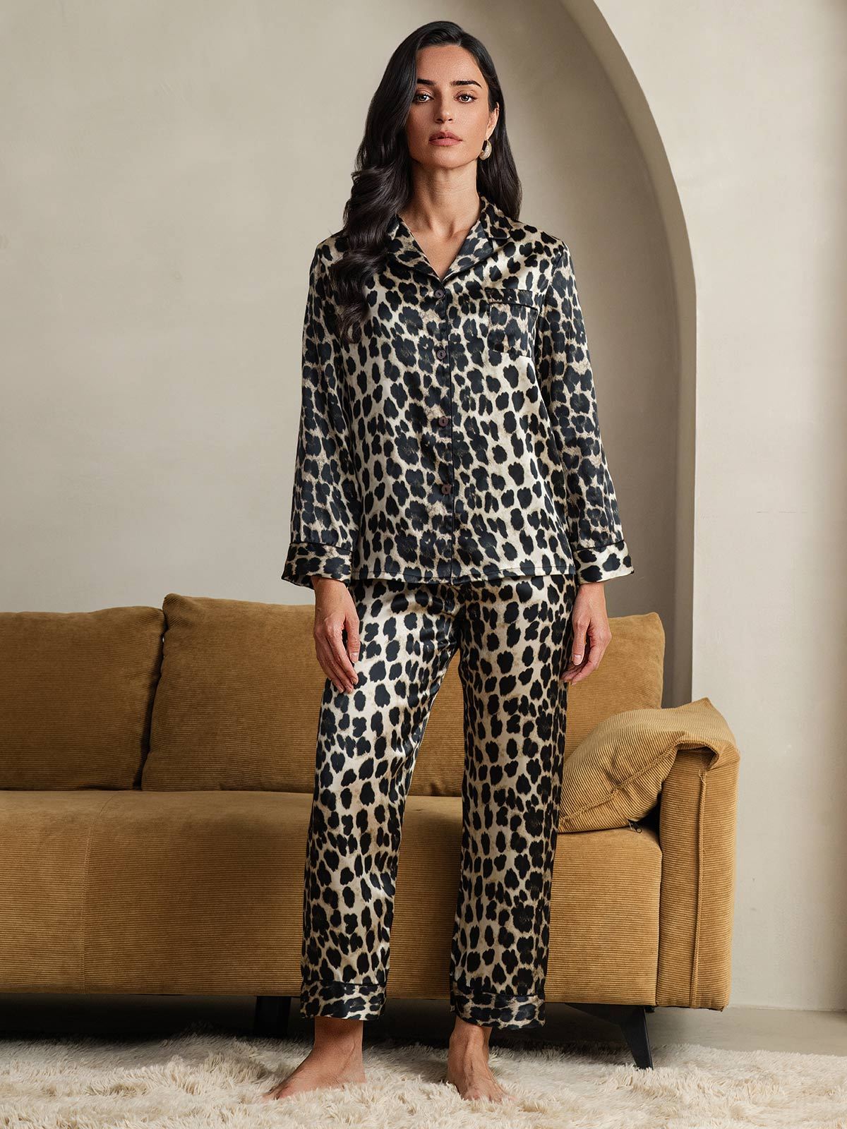 Pura Seta Leopardo Stampa Lunghe Maniche Pantaloni Pigiama