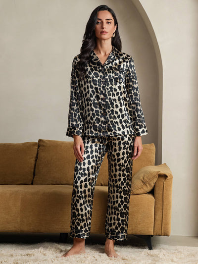 Pura Seta Leopardo Stampa Lunghe Maniche Pantaloni Pigiama