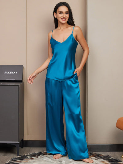 Set da pigiama in pura seta con top cami e pantaloni a gamba ampia